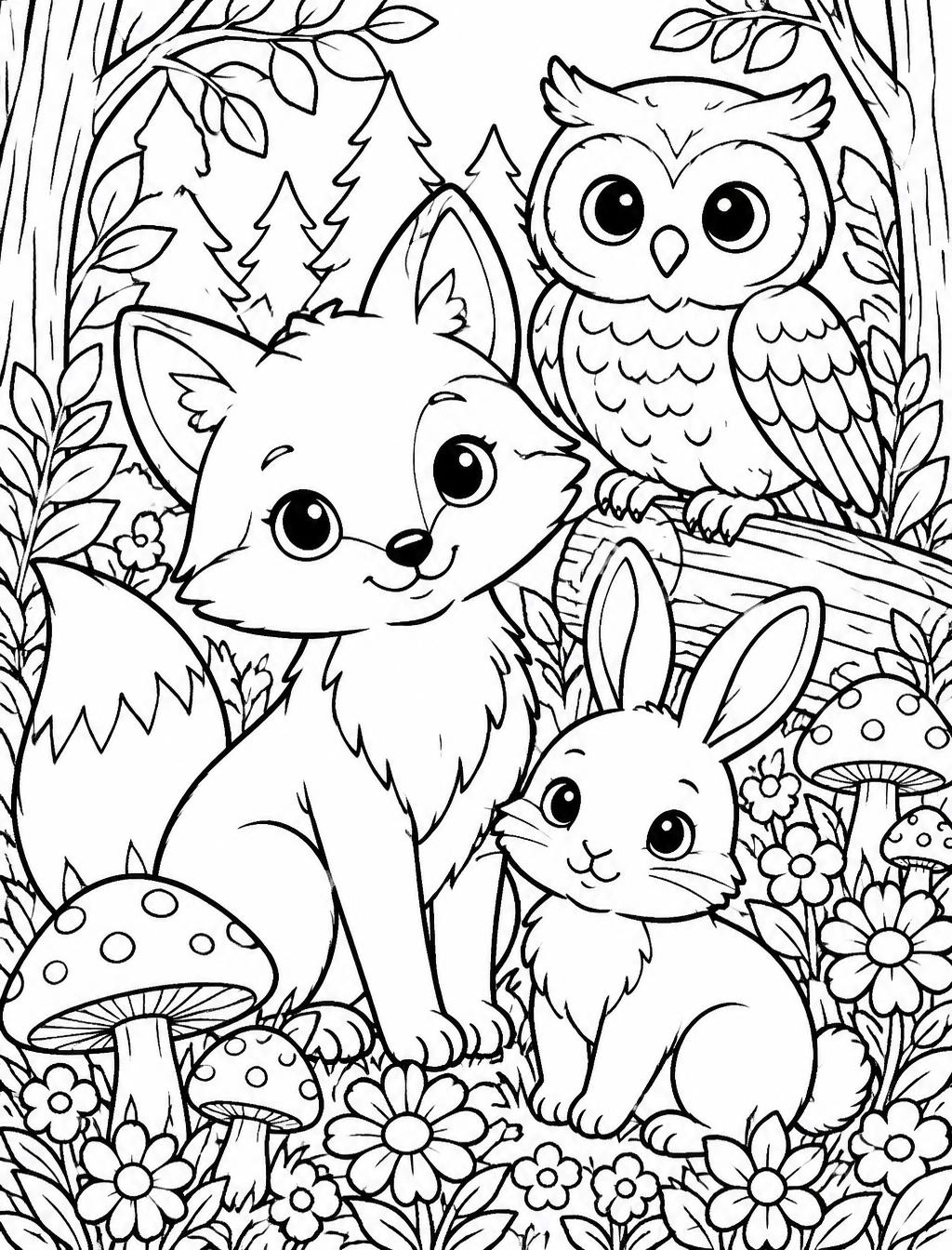 Example coloring book page generated with VibeBooky — woodland animals line art