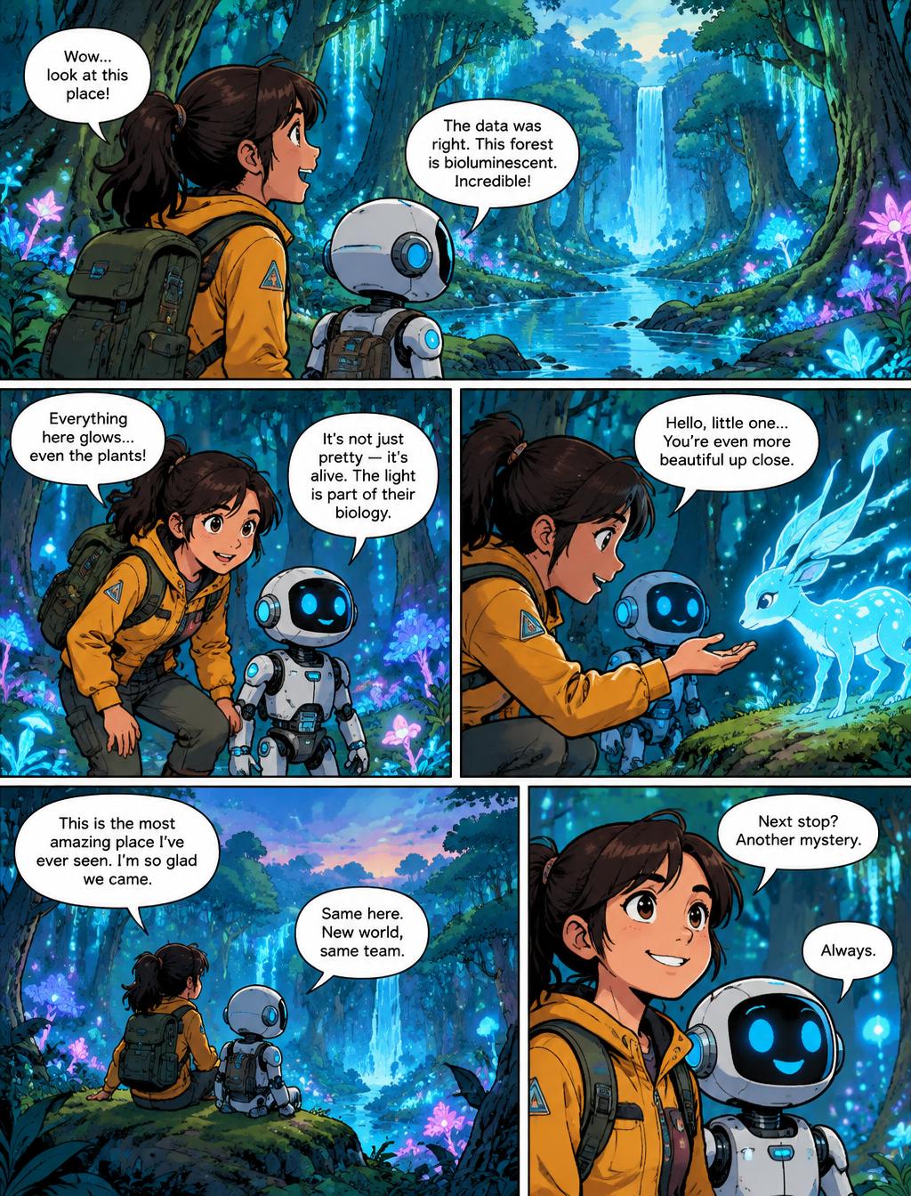 Example comic book page generated with VibeBooky — explorer girl and robot in a glowing forest